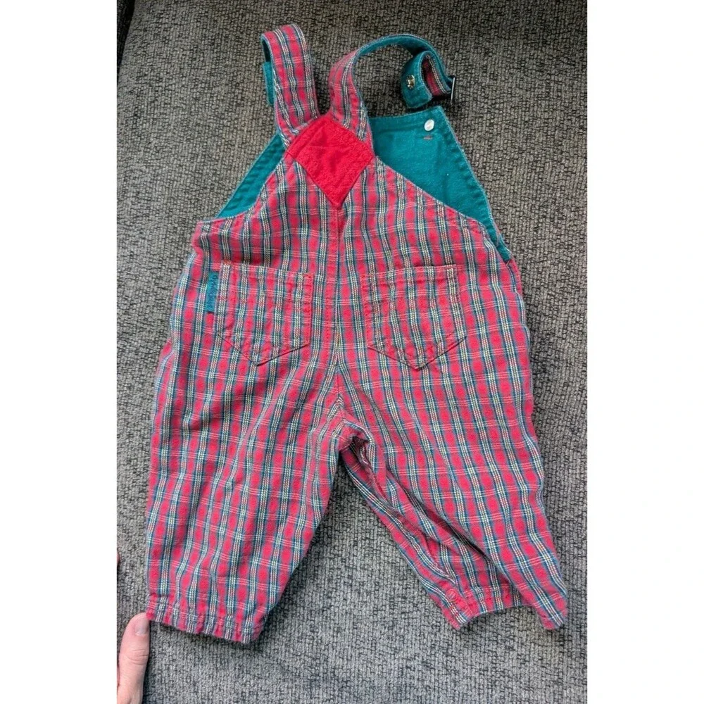 Vintage Gymboree Plaid Overalls sz Newborn 90s Red Green Pregnancy Announcement